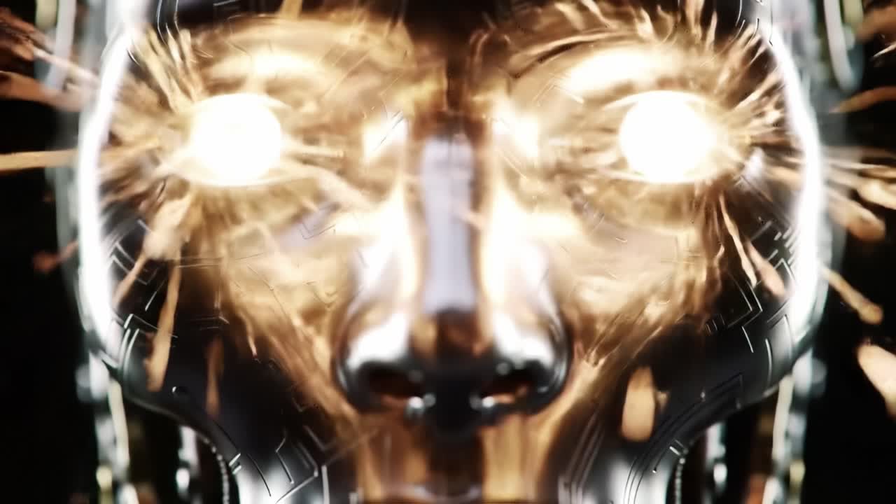 Futuristic Robotic Face with Glowing Eyes Captured in Two Frames, Highlighting the Intricate Details of Its Metallic Surface and Circuitry