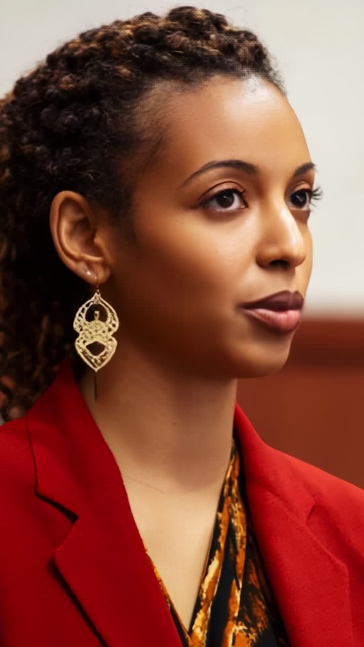 Una donna composta in un blazer rosso e orecchini distintivi assume un'espressione pensierosa durante un evento formale in un ambiente professionale
