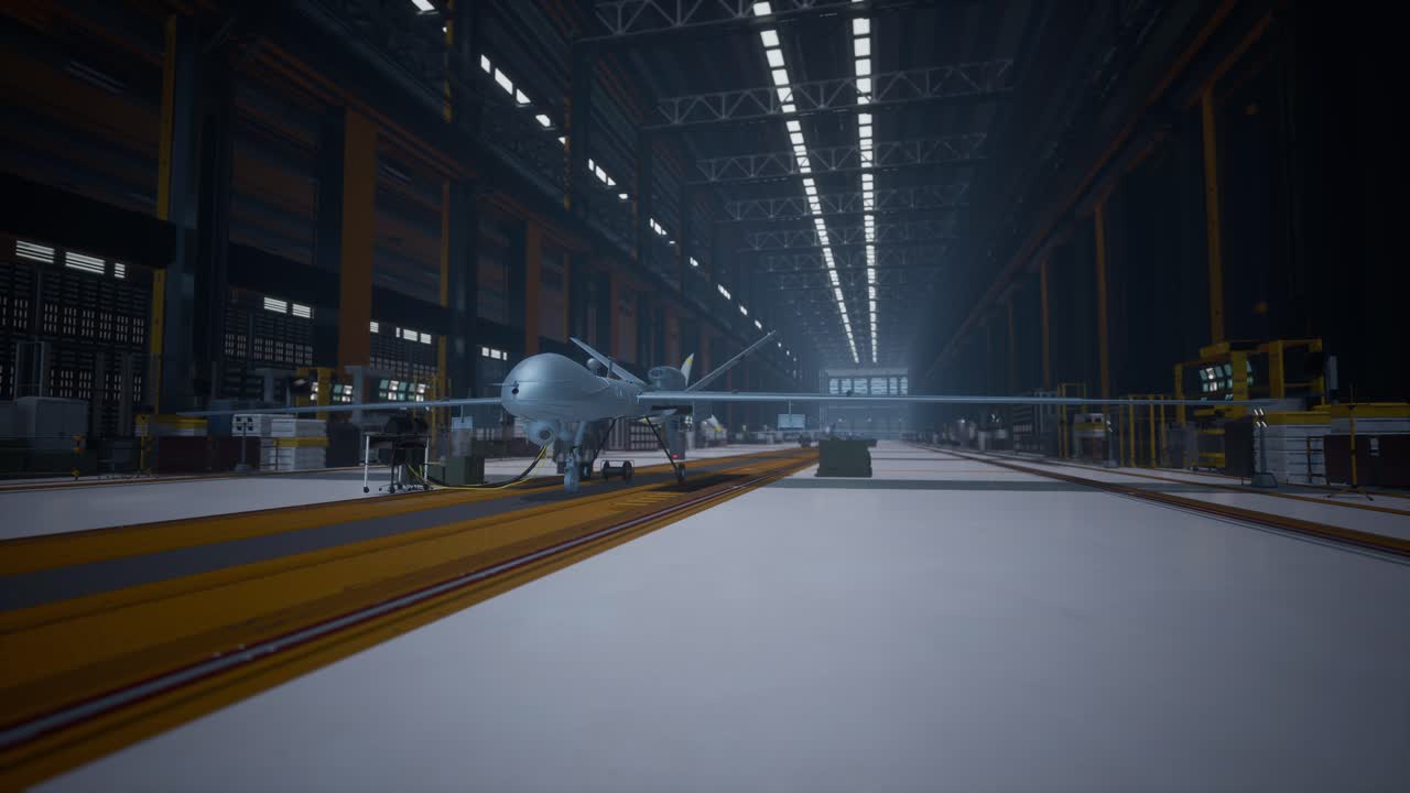 Drone militare o veicolo aereo senza pilota UAV in hangar