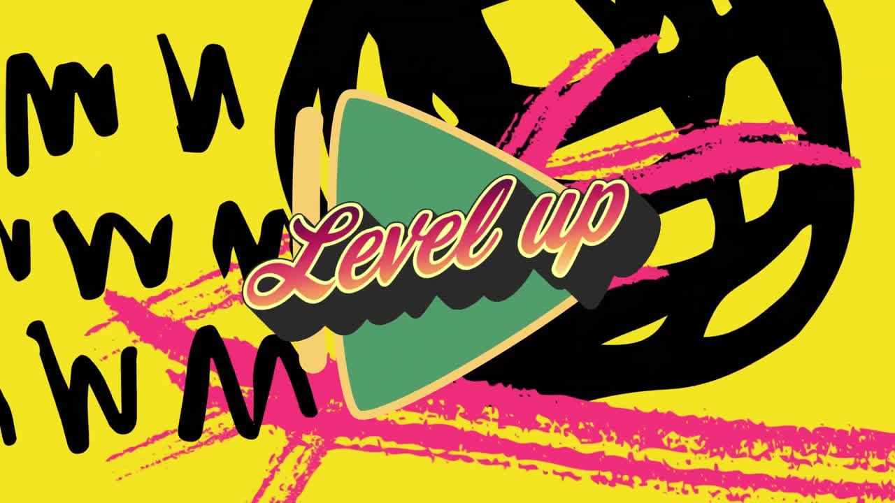Animation of level up text over colorful graphics and shapes