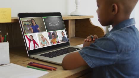 Niño-Afroamericano-Sosteniendo-Un-Lápiz-Teniendo-Una-Videoconferencia-En-Una-Computadora-Portátil-En-Casa