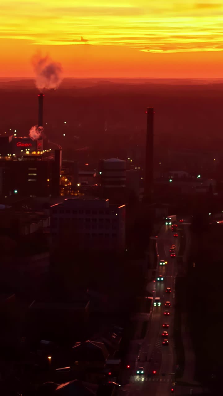 An atmospheric aerial shot of Jelgava, Latvia, captures a factory smokestack emitting a plume of smoke against a vibrant orange sunset sky, with city traffic visible on the streets below - vertical