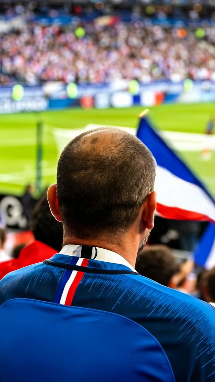 Video verticale: Uomo calvo e chinato in maglia blu che guarda un attacco in campo allo stadio, bandiera tricolore