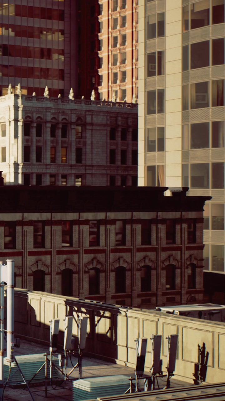Edifici nel centro città che mostrano dettagli architettonici e luce solare al tramonto