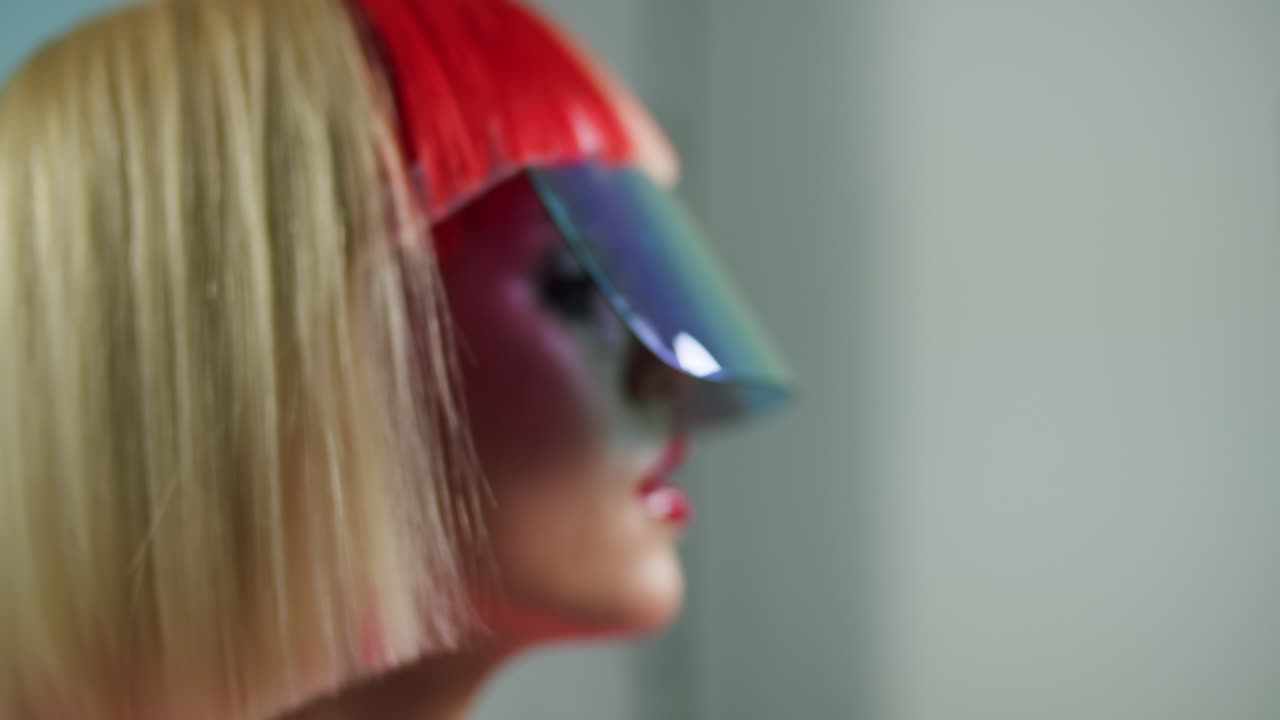 Close up of a girl with red hair and a blue visor looking into the distance