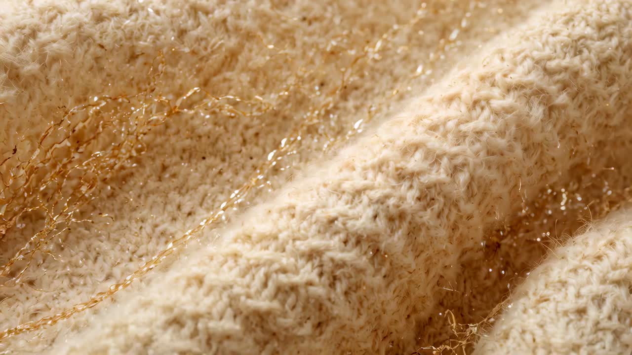 Focus pulling camera moving across cream-beige knit on studio table with gold yarn sparkling