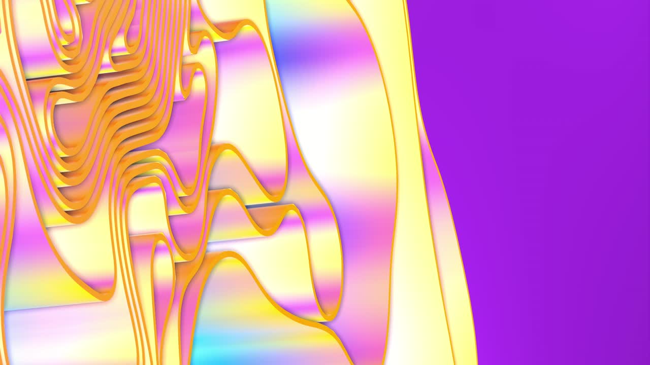 추상 3d 렌더링: 다채로운 스플라인 스트립, 행, 빛과 그림자 곡선, 흐르는 움직임, 움직임, 표면 질감, 파동, 배경