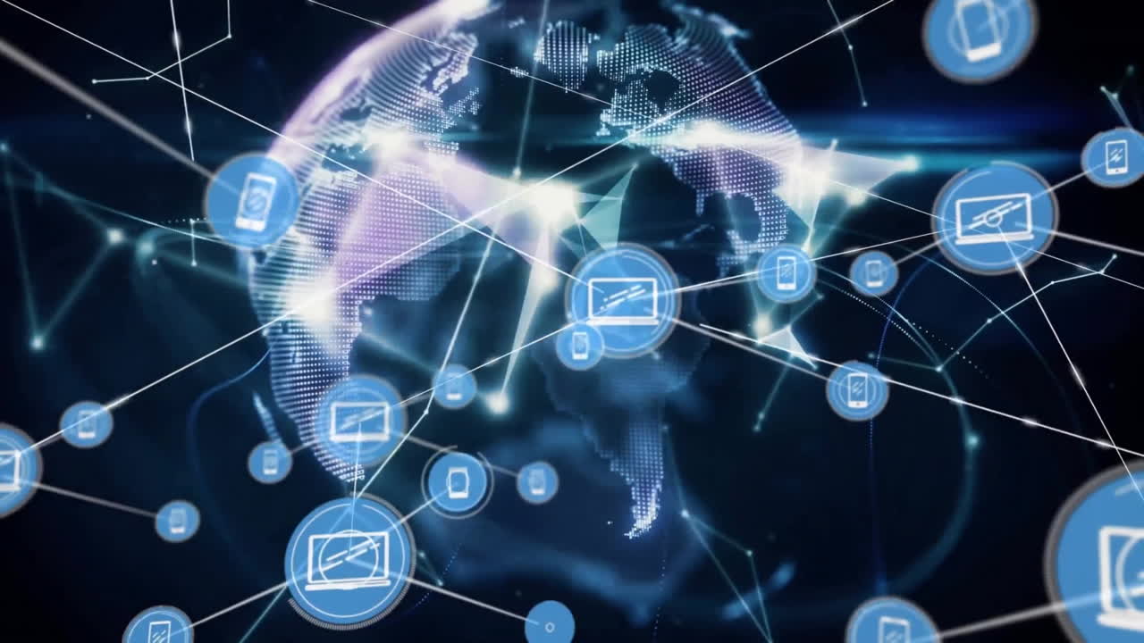 animación de la red de conexiones con iconos en todo el mundo