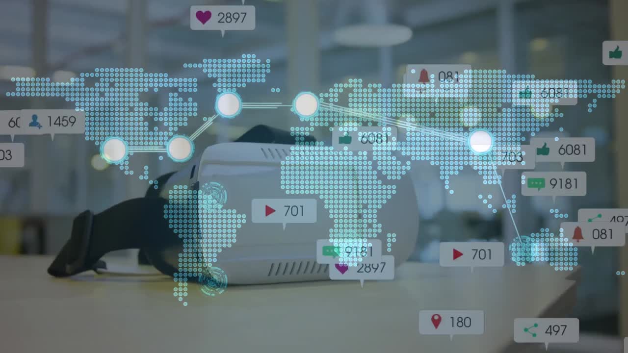 세계 지도에 있는 지점 네트워크의 애니메이션과 vr 헤드 ⁇ 을 통한 소셜 네트워크 알림