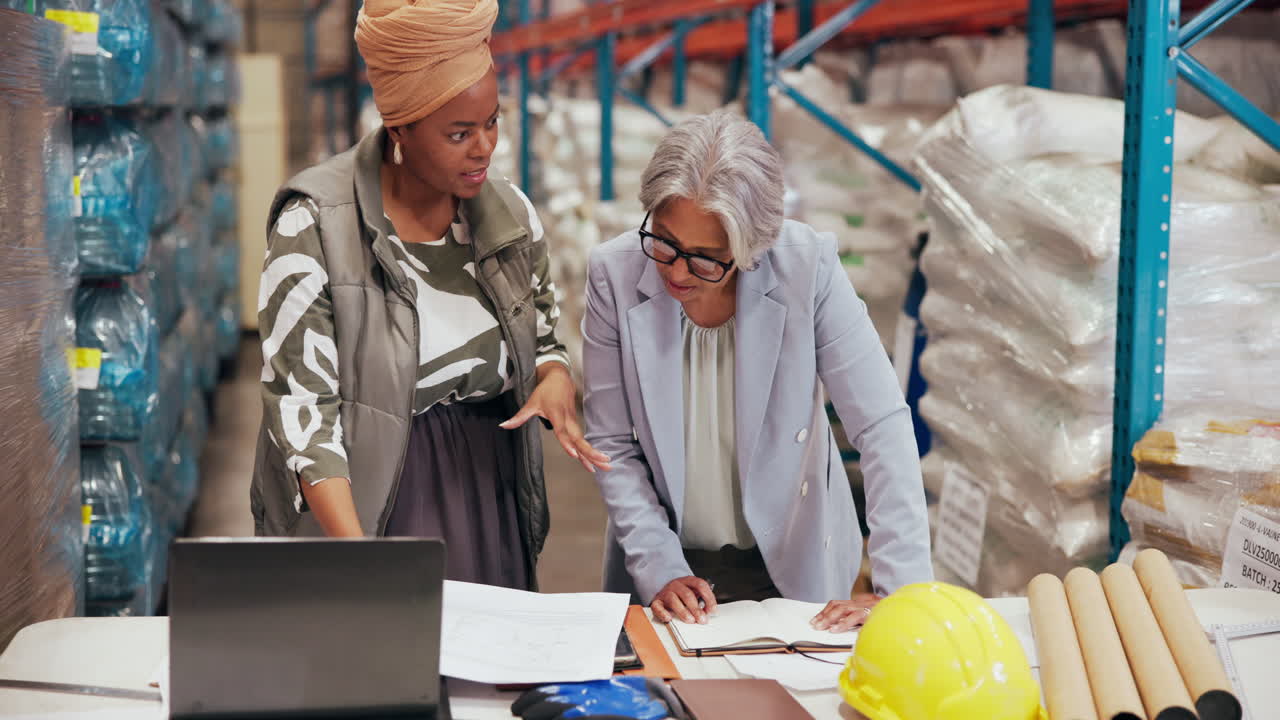 Due donne d'affari che collaborano su logistica e inventario in un magazzino