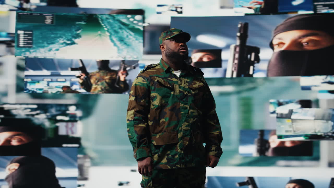Black army officer working in a virtual war zone with digital satellite data