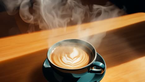 a steaming cup of latte art on a wooden table