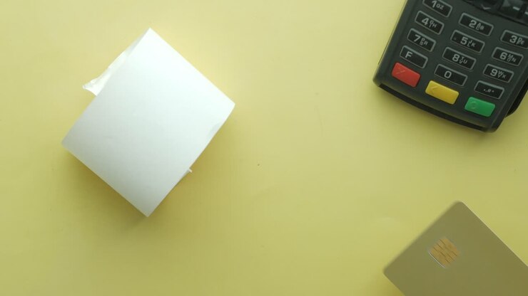 Terminale POS, rotolo di carta lungo e carta di credito su un tavolo
