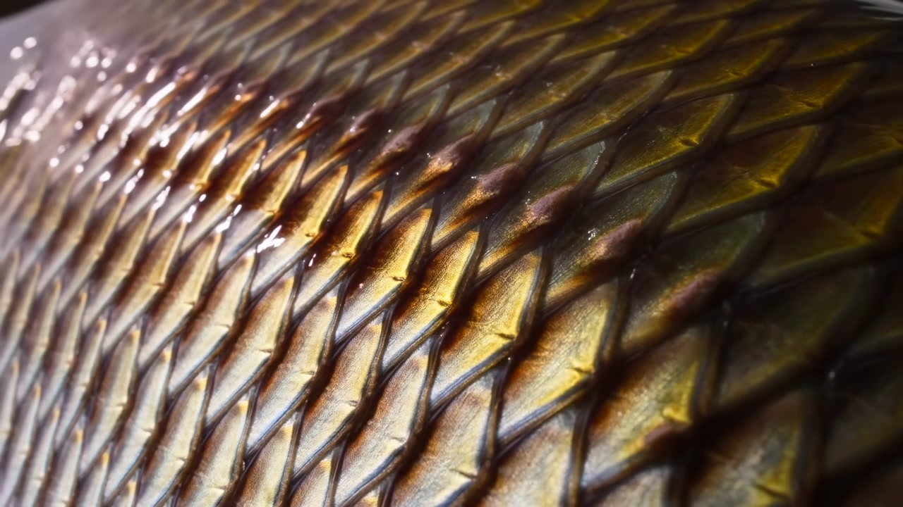 Squame di pesce, nessuna azione osservata, in una vista ravvicinata di squame di pesce, con squame di pesce, con texture di materiale a squame, da una prospettiva ravvicinata dall'alto verso il basso, con accenti marroni e gialli.