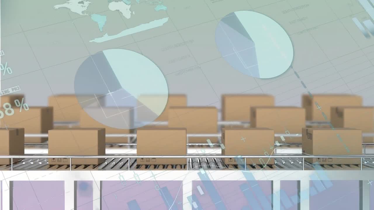 그래디언트 배경에서 컨베이어 벨트에 있는 통계 데이터 처리 및 전달 상자의 애니메이션