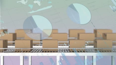 animation of statistical data processing and delivery boxes on conveyer belt on gradient background