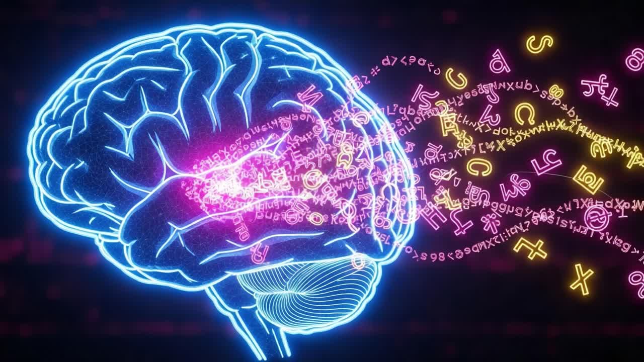 Vivid Visualization of a Brain Emitting Colorful Symbols and Data, Representing Creativity, Knowledge, and Cognitive Processes in a Modern Digital Context