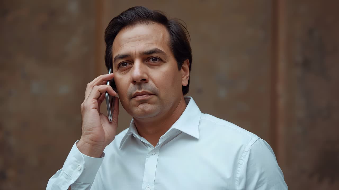 Listening man taking incoming call and processing info by brown wall holding phone, white shirt