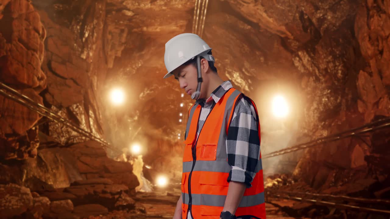 Side View Of Asian Male Engineer With Safety Helmet Having A Headache While Working In Underground Mine Tunnel