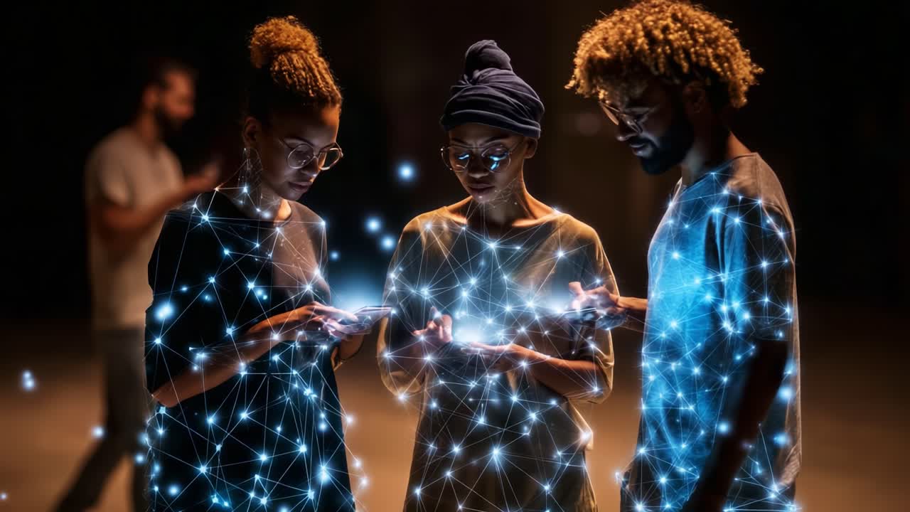 Exploring Digital Connections: A Group of Three Engaged in Interaction with Their Smartphones, Surrounded by a Network of Glowing Connections in a Darkened Environment