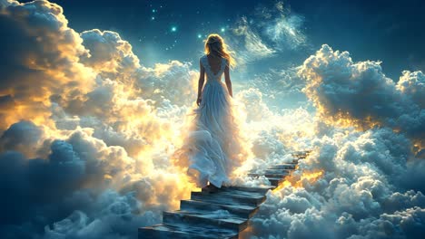 dreamlike ascent of a woman on a staircase through luminous clouds