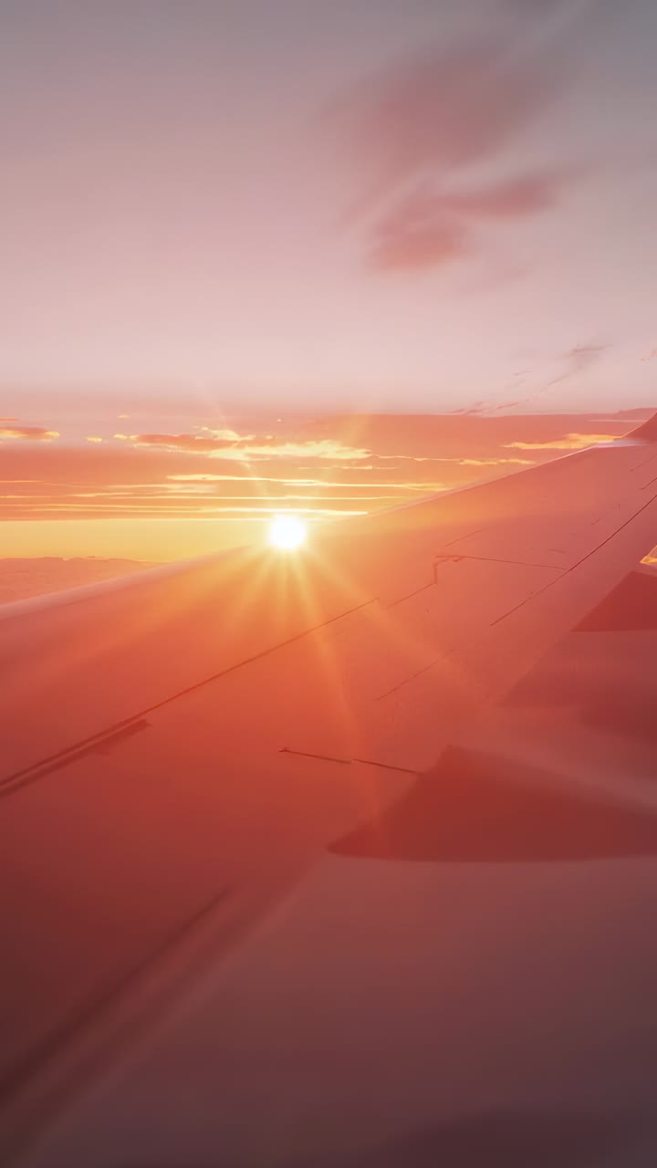Vertical video: Handheld cam framing plane wing catching low sun from cabin with aircraft jittering