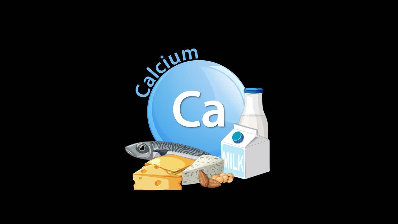 A blue calcium element icon smoothly transitions to reveal dairy, cheese, fish, and nut illustrations on a black background, using clean vector graphics and steady camera