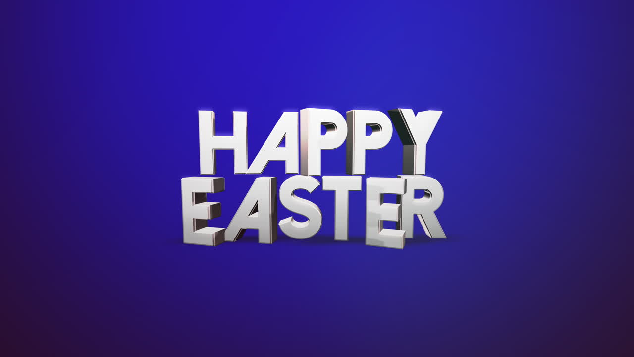 Testo 3D gioioso "Buona Pasqua" fluttuante nell'aria, lettere bianche su sfondo blu