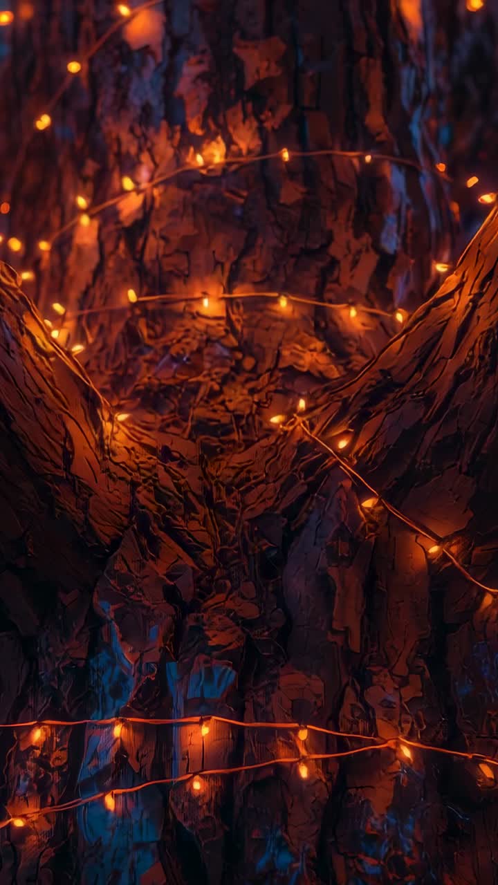 Vertical video: Flickering leading camera panning tree trunk at night, showing amber string lights