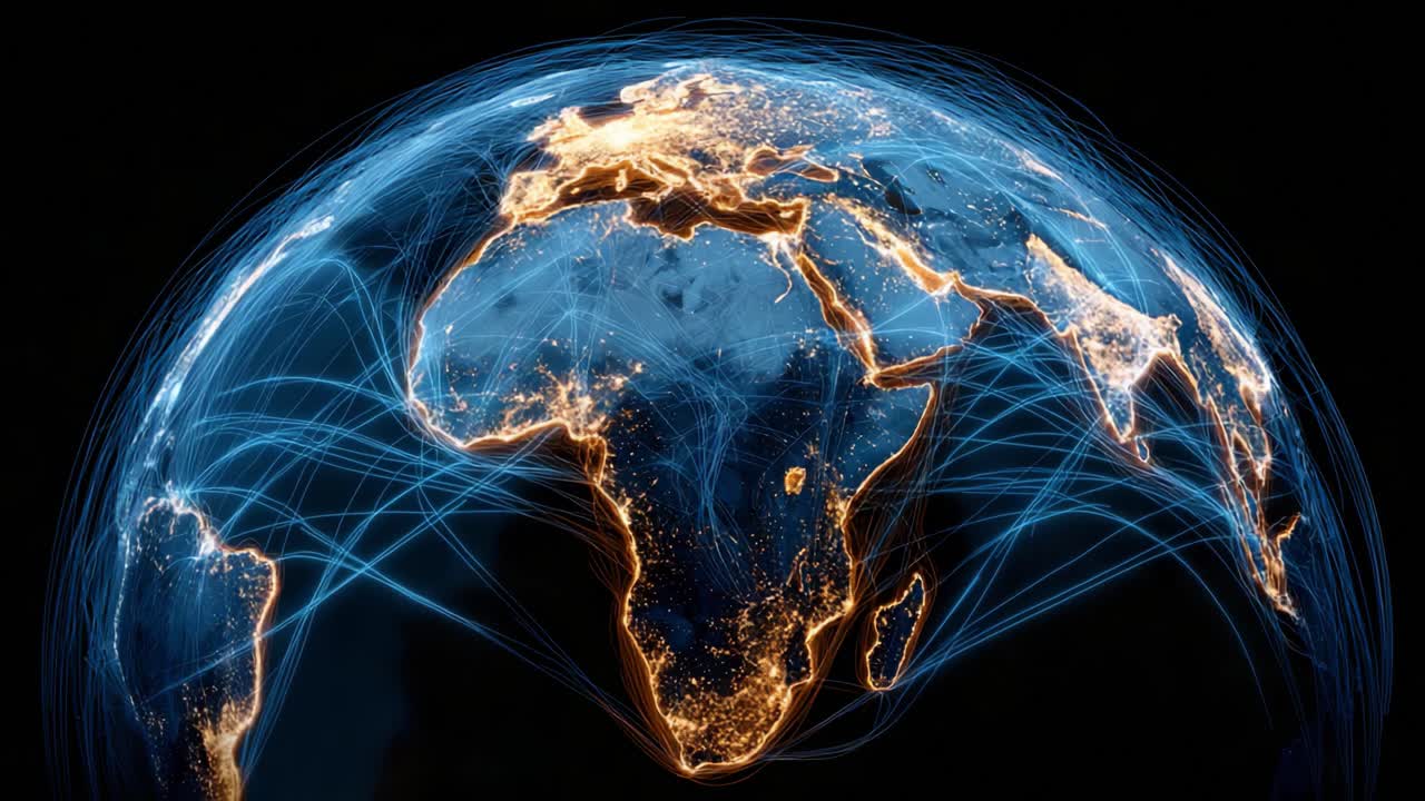 Connettività globale e schemi di rete illustrati con linee blu luminose sull'Africa e l'Europa su uno sfondo scuro, in una splendida rappresentazione visiva del mondo.
