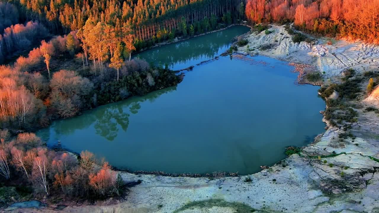 시골 갈라시아에서 햇빛이 비치는 가을 나무가 있는 호수 연못의 조감도