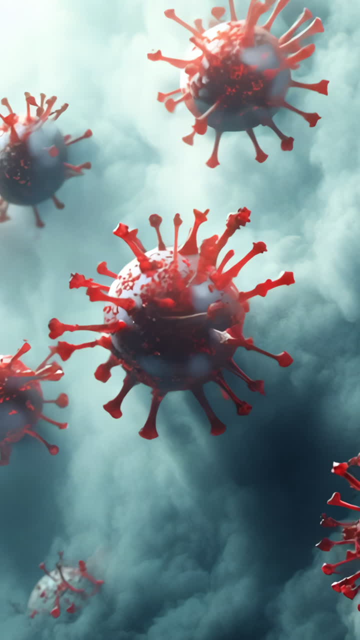 A bunch of red viruses are floating in the air. The viruses are small and red, and they are scattered throughout the image. Scene is somewhat ominous