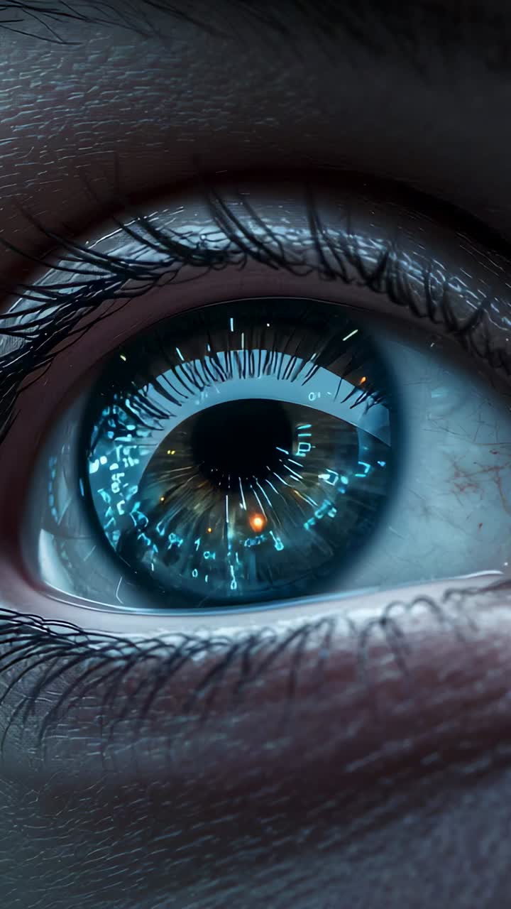 Vertical video: Activating HUD iris lighting, pupil shrinking for ID scan macro, with cyan glyphs