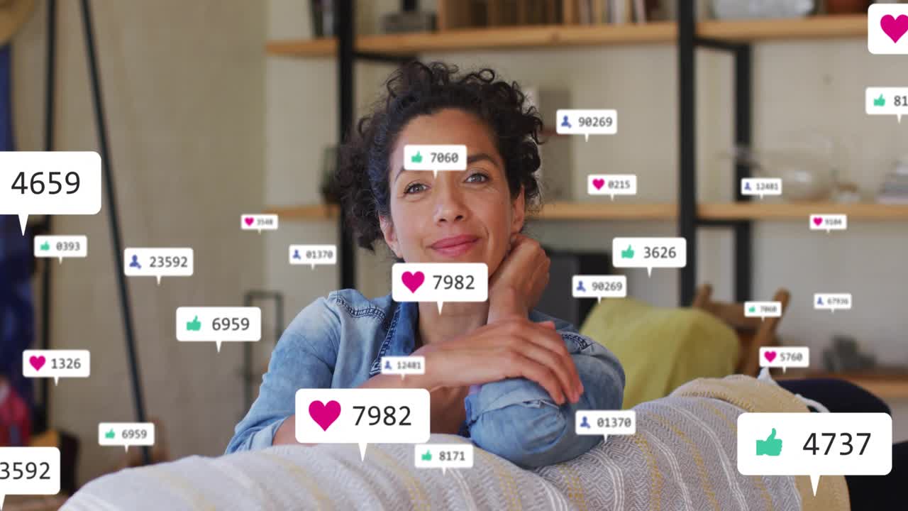 Mature woman leaning on couch back while heart icon appearing and social engagement metrics rising