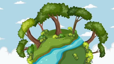 un mini-mundo giratorio con árboles y río