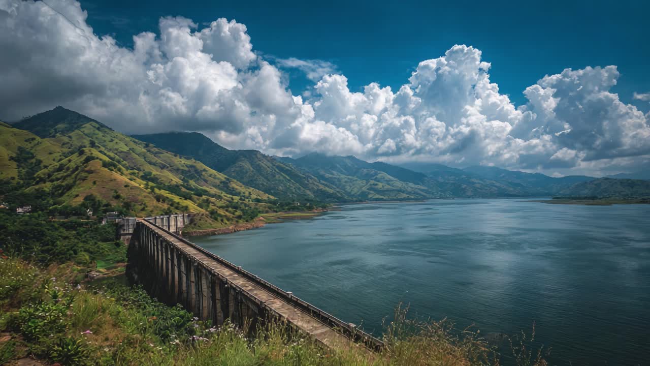 A Scenic View of a Majestic Dam Surrounded by Lush Green Mountains and Reflective Waters Under a Dramatic Sky Filled with Fluffy Clouds