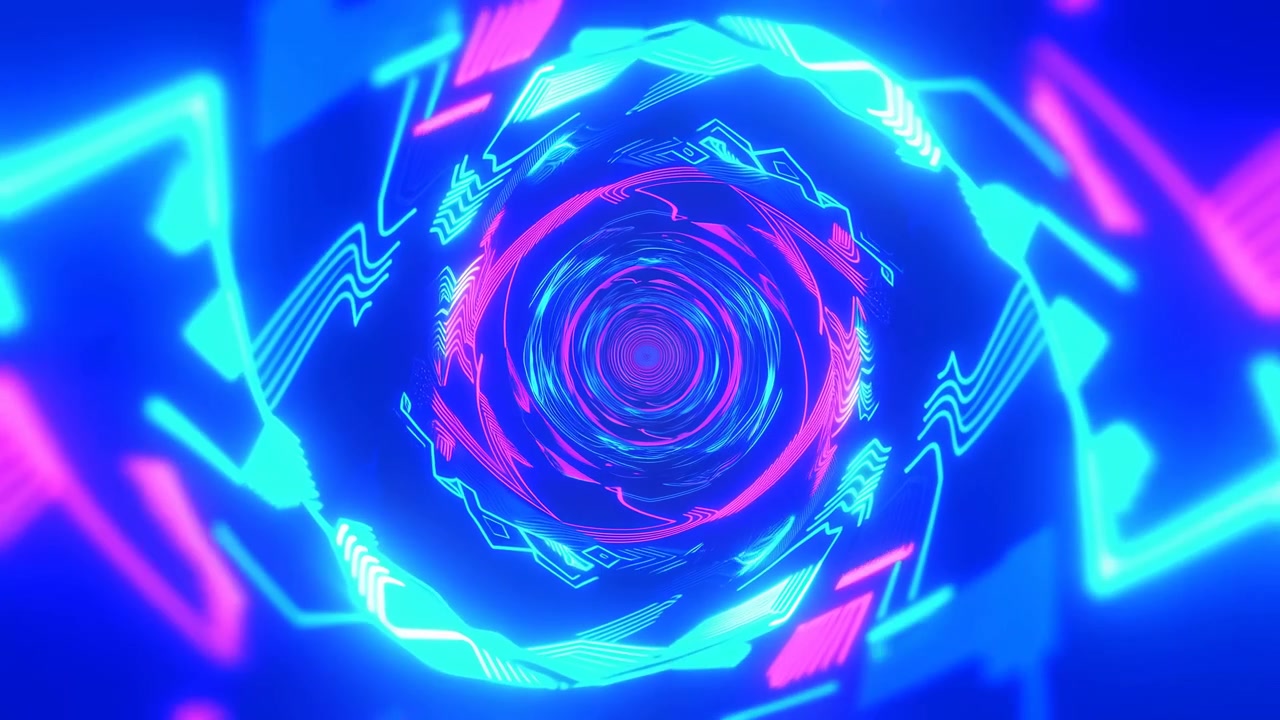 Portale a vortice al neon con un tunnel di dati digitali a forma d'onda elettrica che si avvita verso il centro, con effetto glitch magenta ciano.