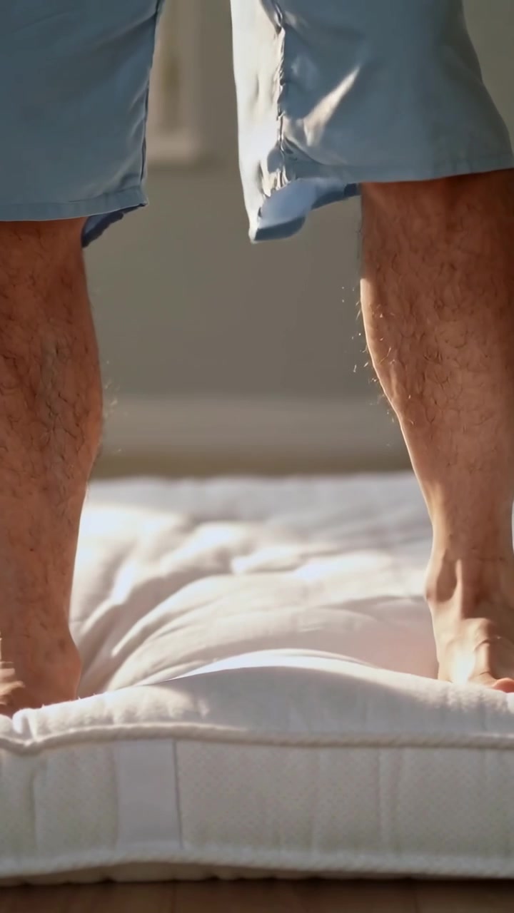 Video verticale: Uomo in pantaloncini a piedi nudi che si muove su un materasso in camera da letto dopo un rimbalzo, testando il comfort.