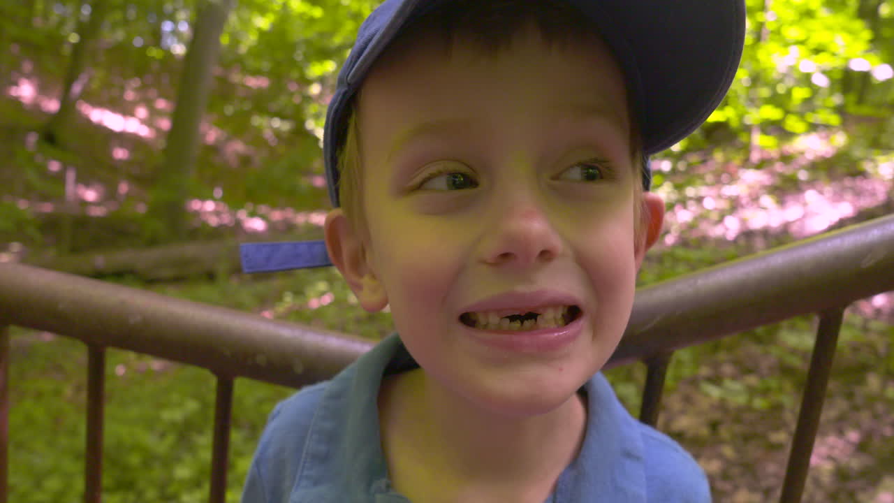 retrato al aire libre de un lindo niño al que le faltan los dientes frontales