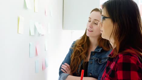 female executives discussing over sticky notes