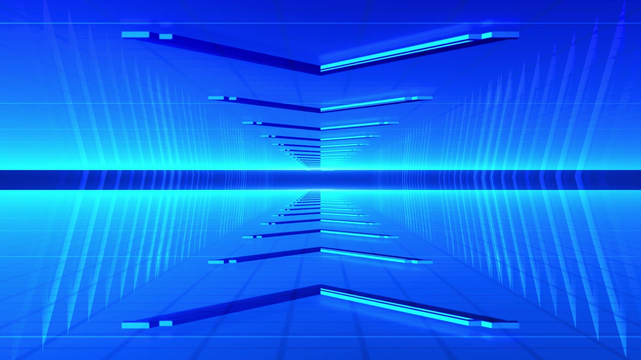 Symmetrical neon corridor arrow forms cyan lighting glossy leading distance speed navigation virtual