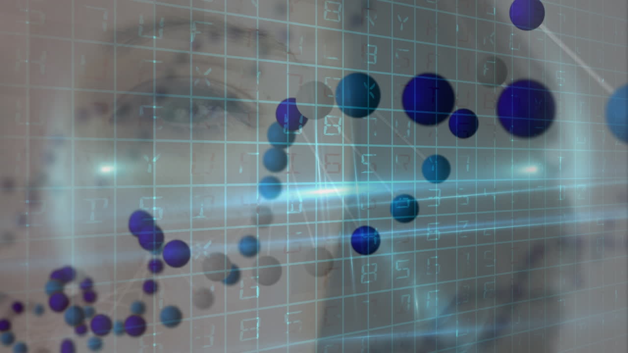 Animation of dna and diverse data over caucasian woman eye in background
