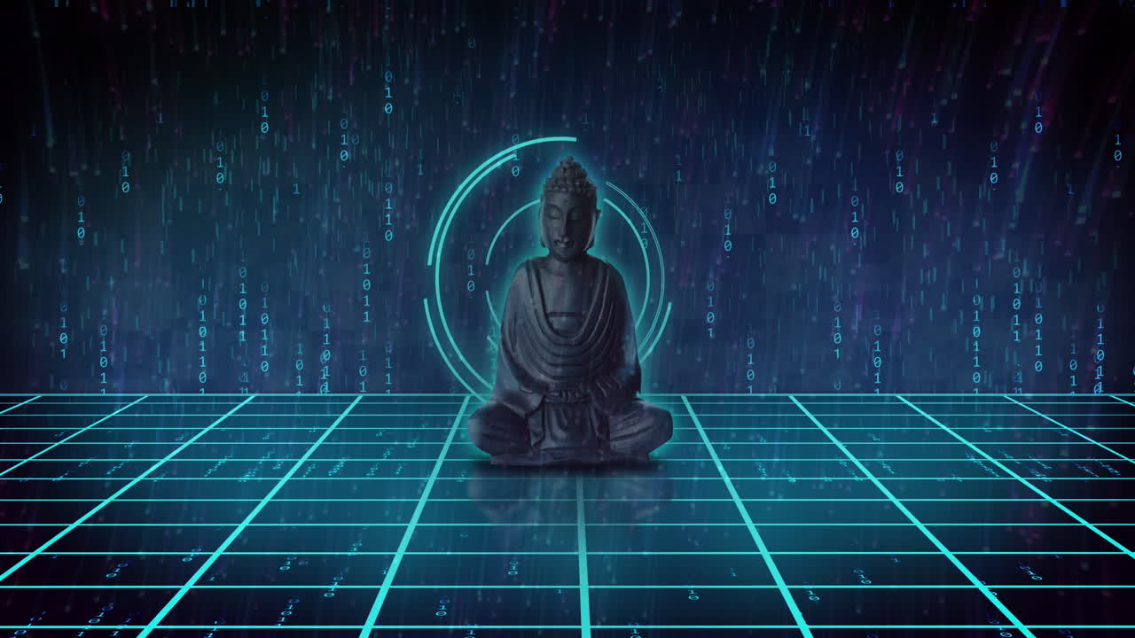 Animazione di buddha con scansione a raggio e codice binario su sfondo nero