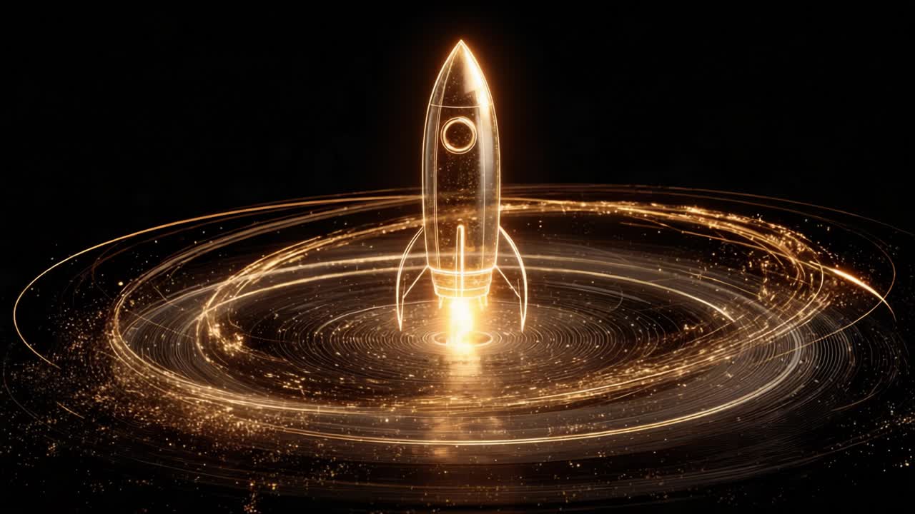 Futuristic golden rocket launching from a swirling vortex of light particles against a black background, symbolizing business startup, innovation, and technological advancement in a sleek animation