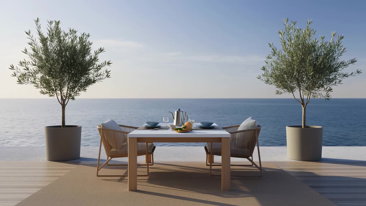 Two place settings, stemware, metal beverage pot and fruit rest on a modern table between cushioned woven chairs, while bright side light casts long shadows across terrace flooring.