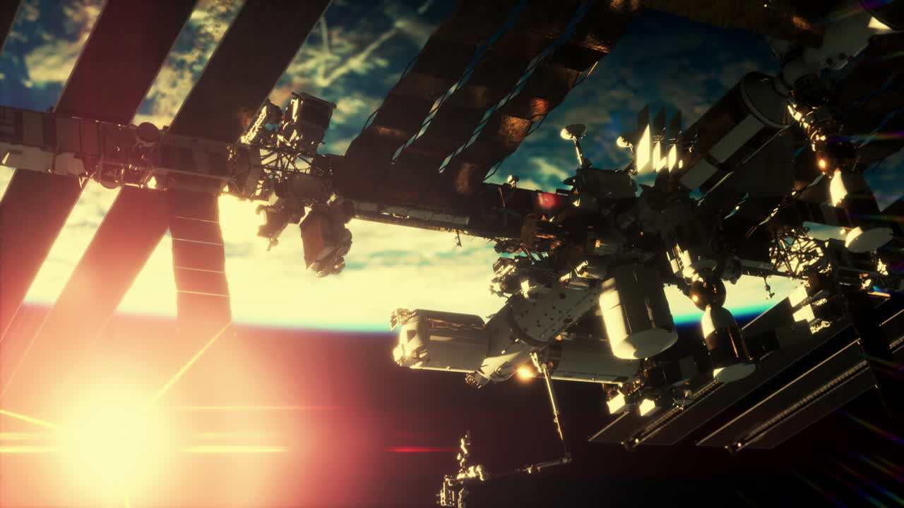Prossimo piano della ISS che vola sopra l'atmosfera del globo terrestre