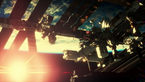 close up iss flying over earth globe atmosphere