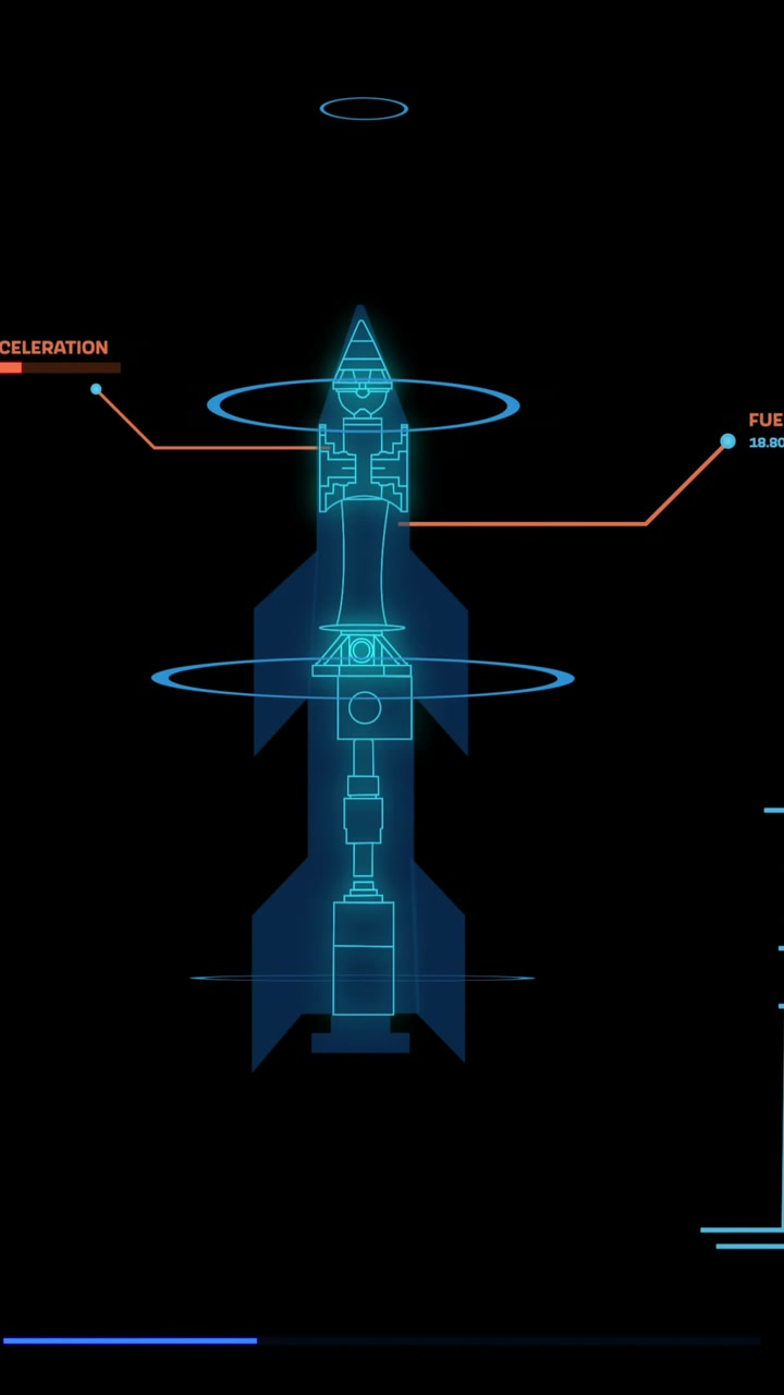 Animation of data processing and rocket blueprint on black background