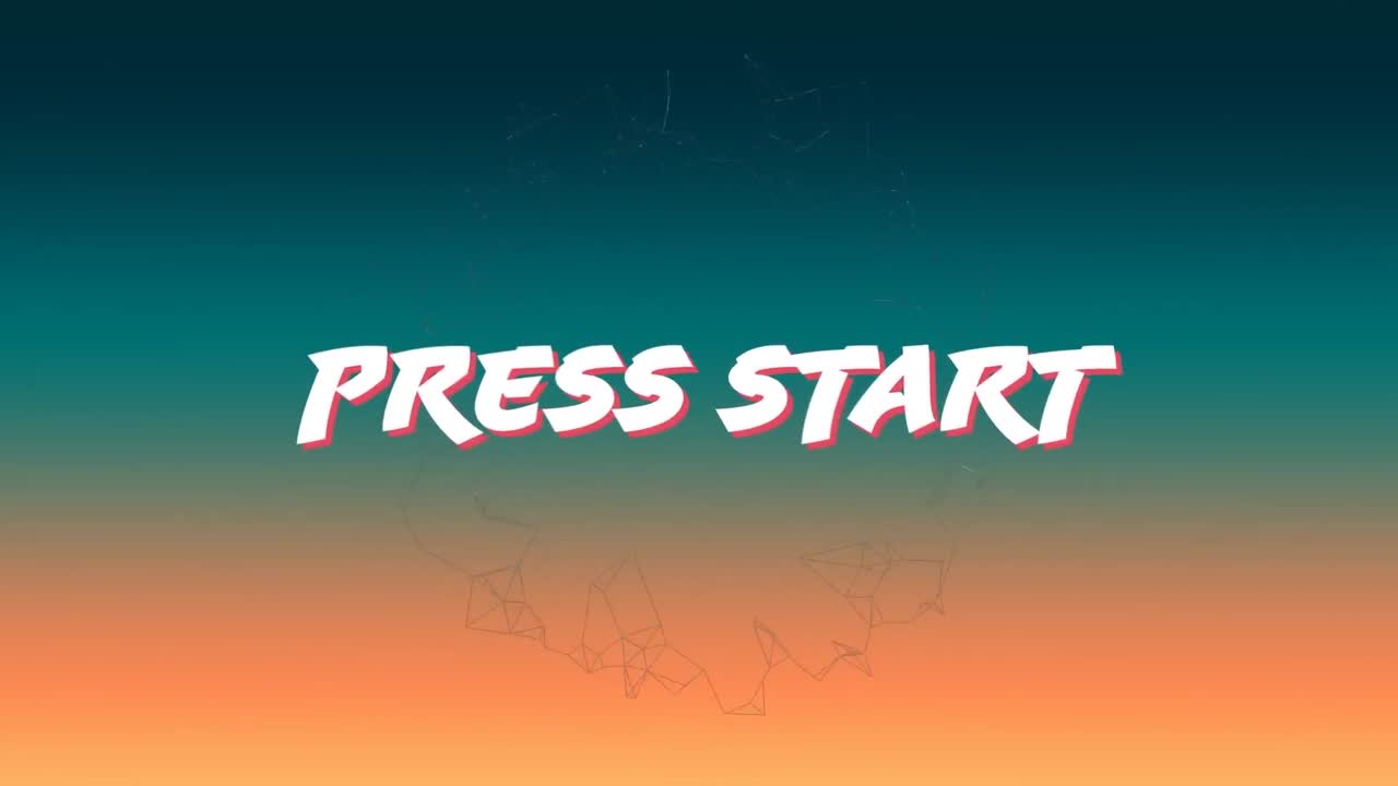 Animation of white text press start, over transparent rotating network, on sunset sky background
