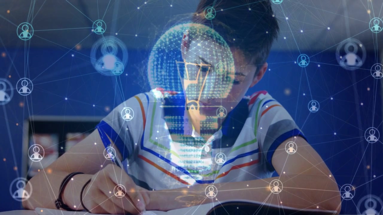 Boy holding pen writing book studying while globe overlay hovering above head showing network locks